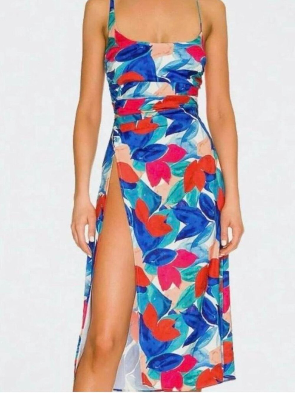 For Love & Lemons Tropical Floral Satin Maxi Dress Colorful Vacation Slip Dress
